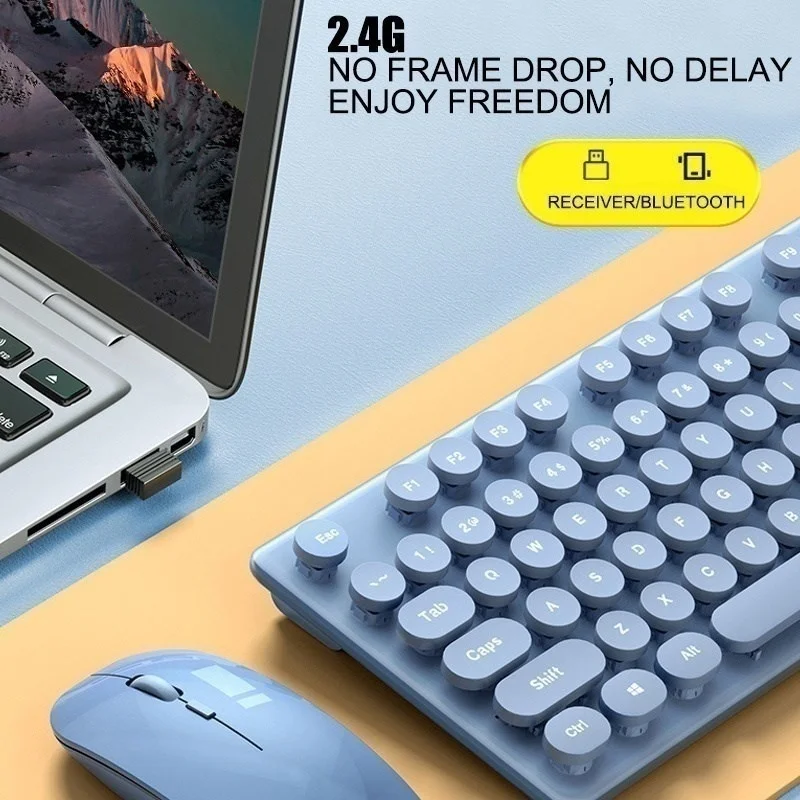 

2.4G Rechargeable Wireless Bluetooth Keyboard And Mouse Low Noise Ergonomic Dual-mode Connection Retro Keys For Windows PC iPad