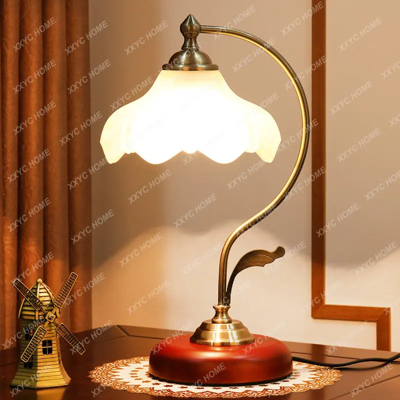 

European-Style Retro Copper Bedroom Bedside Lamp American-Style Simple Dormitory Study Desk Decorative Creative Solid Wood