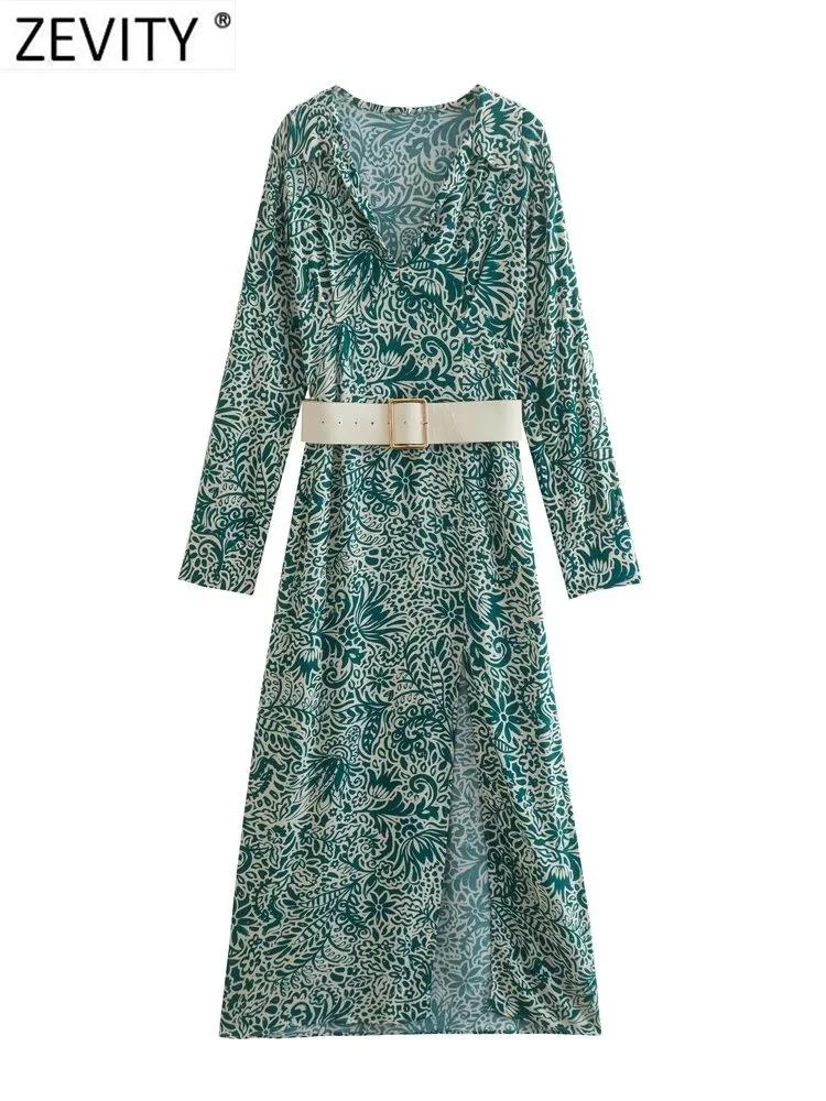 

Zevity Women Vintage V Neck Floral Print Casual Slim Split Midi Dress Female Chic Buckles Sashes Business Vestidos DS2099