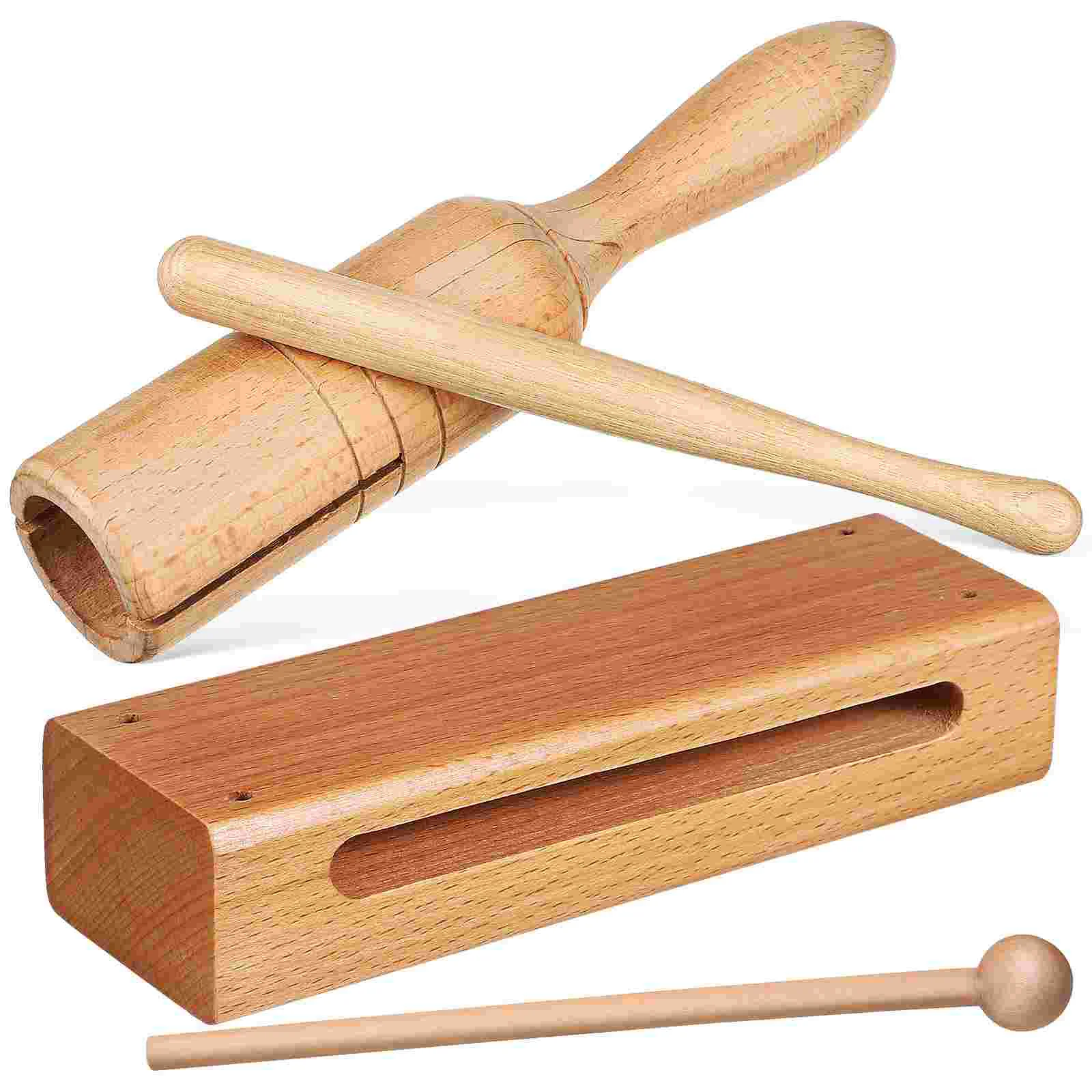 

2 Sets of Single Tone Wood Block and Handheld Clapper Tube with Wooden Beaters Educational School Percussion Drum sticks