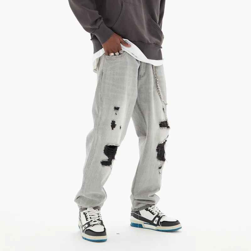 DEEPTOWN Y2K Ripped Jeans Men Trousers Male Hole Straight Denim Pants Fashion Hip Hop Streetwear Black Loose Casual Gray Spring