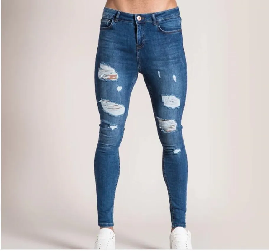 Fashion Men's Stretch skinny Jeans Blue Ripped  Solid Color Slim Pencil Pants Casual Hole Design Denim Streetwear
