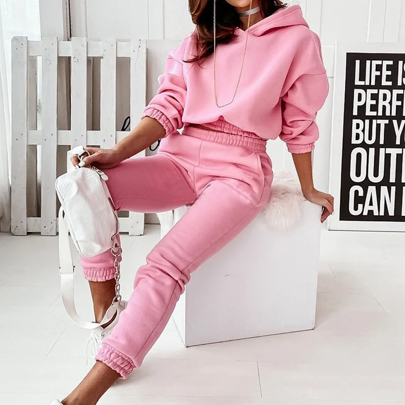 

Women's clothing Autumn/Winter 2023 simple casual lazy style solid color loose hooded sweater trousers set