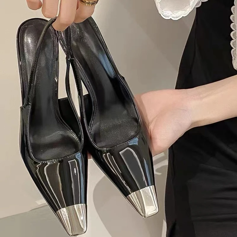 

New Style Square Iron Head Thin High Heel Single Shoe with Back Strap Large Size 35-40 Sandals Women's Sexy Nightclub Pumps Shoe