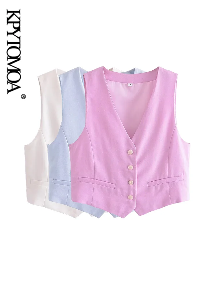 

KPYTOMOA Women Fashion Front Button Linen Waistcoat Vintage V Neck Sleeveless Female Outerwear Chic Vest Tops