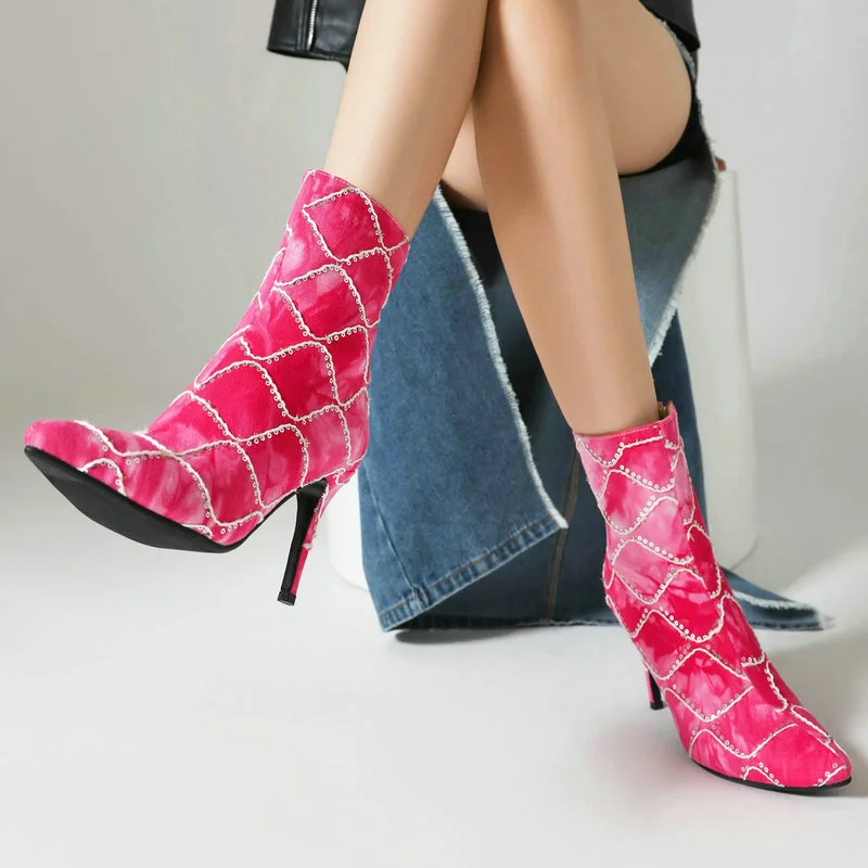 

Женские короткие ботинки из микрофибры, розовые, красные, Синие ботильоны с острым носком, на тонком высоком каблуке, на молнии, для осени и зимы