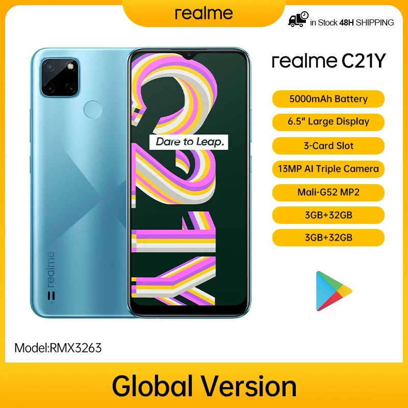 

Global Version realme C21Y 4GB 64GB Mobilephone Octa-core Processor 6.5inch HD Display 5000mAh Battery 13MP Triple Camera Phone