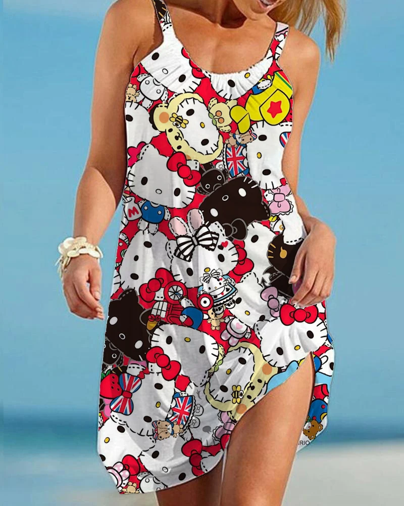 

Женское Повседневное платье Sanliou HelloKitty, модное летнее пляжное платье с мультяшным аниме, пикантное платье средней длины, камуфляжное Повсед...