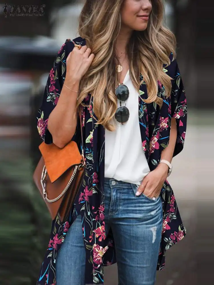 

Women Floral Blouses ZANZEA 2022 Fashion Printed Kimono Cape Casual Holiday Beach Cover Ups Female Split Blusas Oversized Tunic