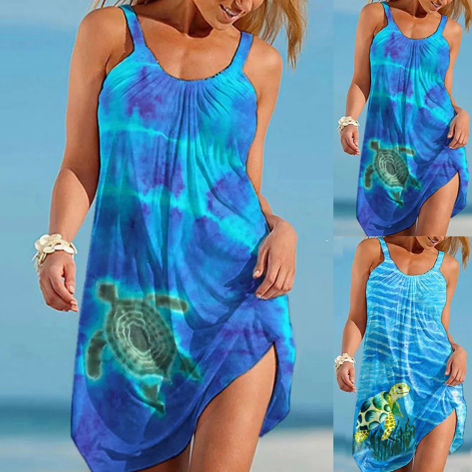 Summer Dress Women's Fashion Bohemian Beach Dresses Midi Party Evening Knee Length Sea Turtle Print Sleeveless Dress Sexy Hem