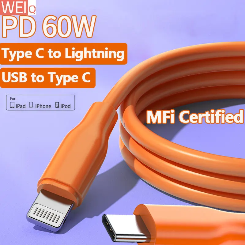 

MFi PD 60W Type C To Lightning 2.4A Fast Charging For iPhone 14-6 Series iPad iPod Silicone Charger USB C Fast Charge Data Cable
