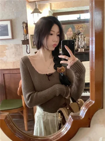 Милый кружевной вязаный свитер Korobov с длинным рукавом, женская одежда, новый дизайн банта, облегающая Базовая рубашка, модные женские свитера в Корейском стиле