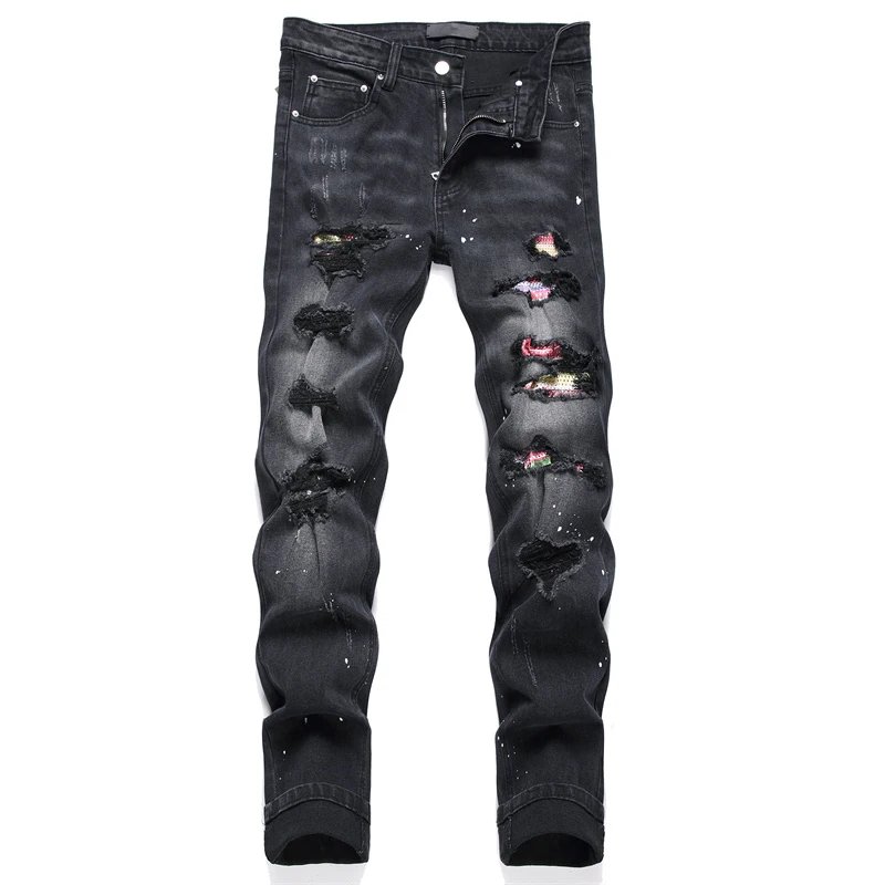 

Men's jeans Destroyed Hole Black Denim pants men Trousers High Quality Ripped Comfortable Advanced Casual Motorcycle Design Male