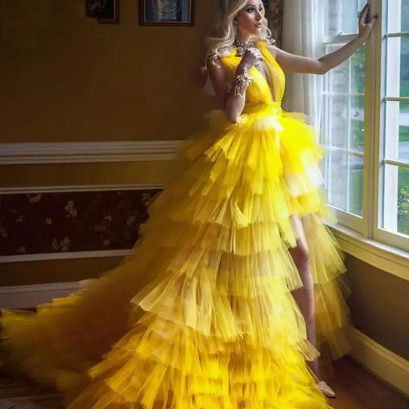 

Princess Prom Gowns High Low Tiered Puff Tulle Long Evening Dress Deep V Neck Prom Party Dresses