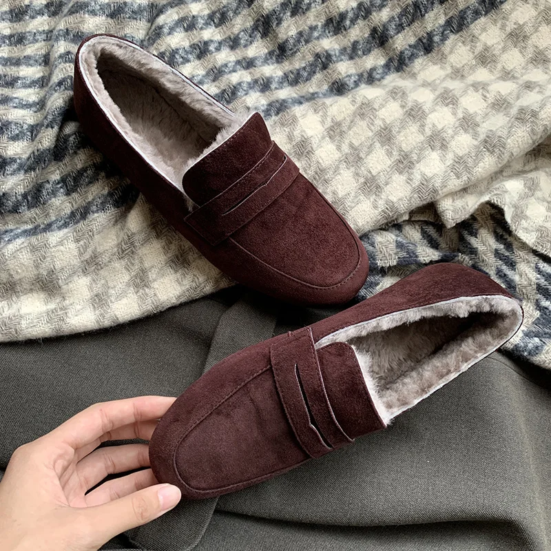 

Kid Women's 2022 Suede Flats Classic Style woman Loafer Warm Wool Inside Winter Shoes Square Toe Mules chaussures plates
