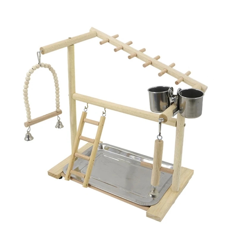 

Bird Perch Wood Stand Toy Parrots Playstand for Parakeets Cockatiel Conure with Feeding Cups Ladder Swing Chew Toy