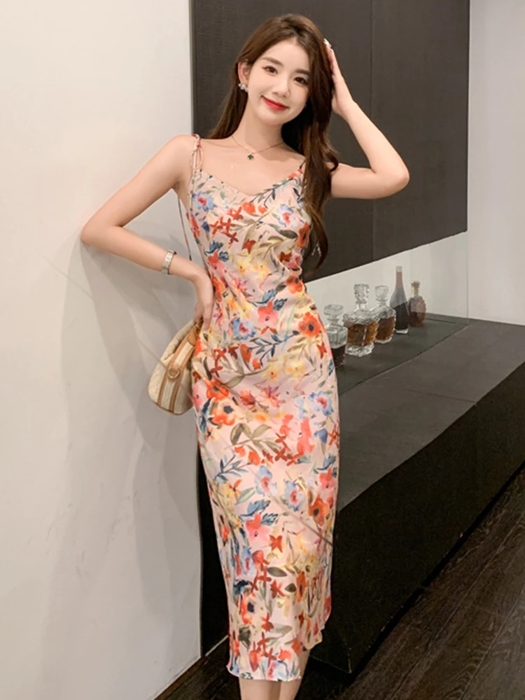 

French Women Evening Dress Fairy Sweet Floral Sexy Strap Bandage Slim Midi Party Vacation Clothe Street Robe Femme Mujer Vestido