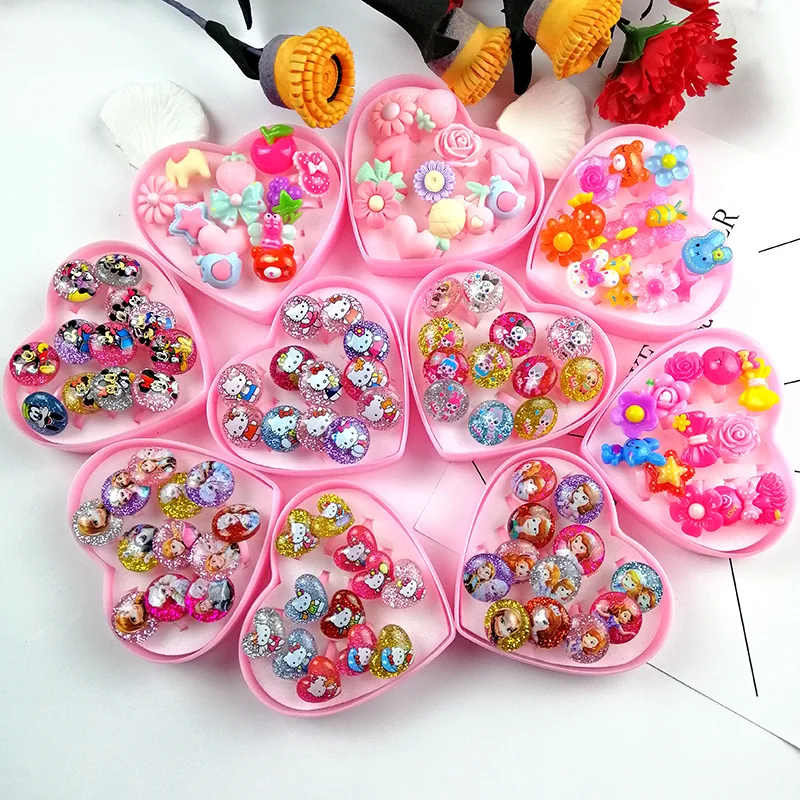 

12 Pcs/Set Hot Sale Cute Rings Kids Toy Ring Resin Exquisite Animal Pink Cartoon Ring Ornament for Toy Girls Birthday Gifts
