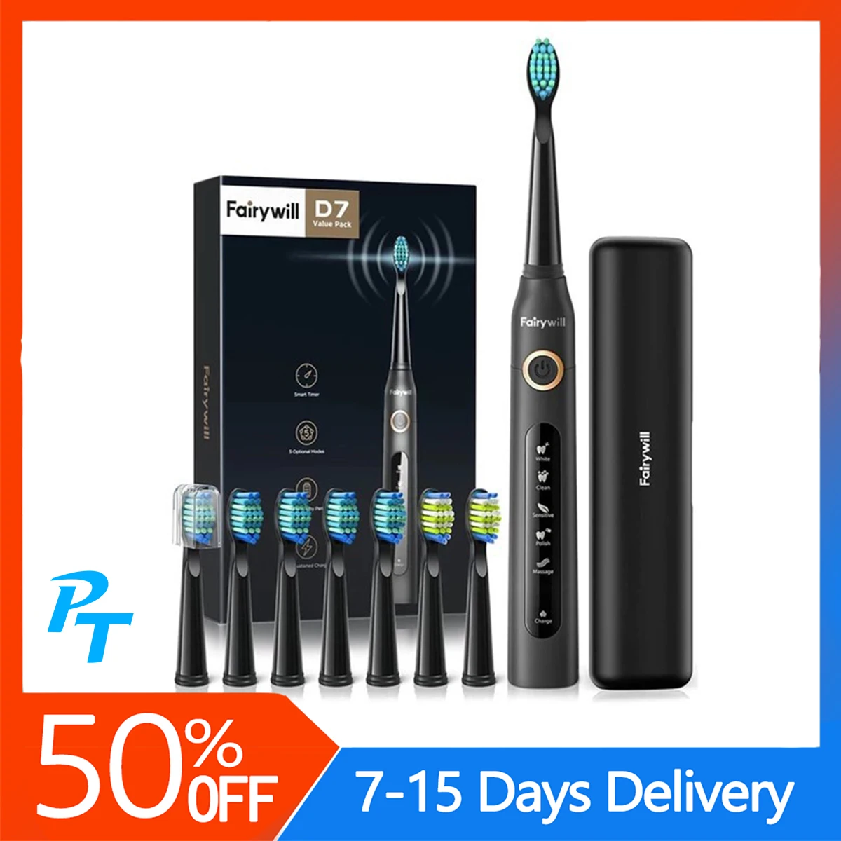FW507 Sonic Electric Toothbrushes for Adults Kids 5 Modes Smart Timer Rechargeable 8 Super Whitening Toothbrush Heads