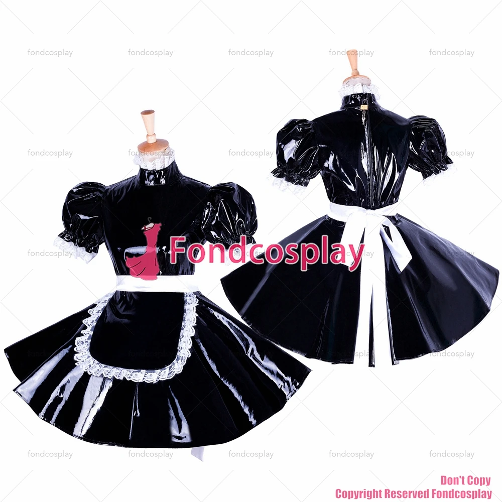 

tailor-made sexy adult dressing cross maid sissy short lockable black heavy pvc dress uniform apron costume tv/cd[g1654]
