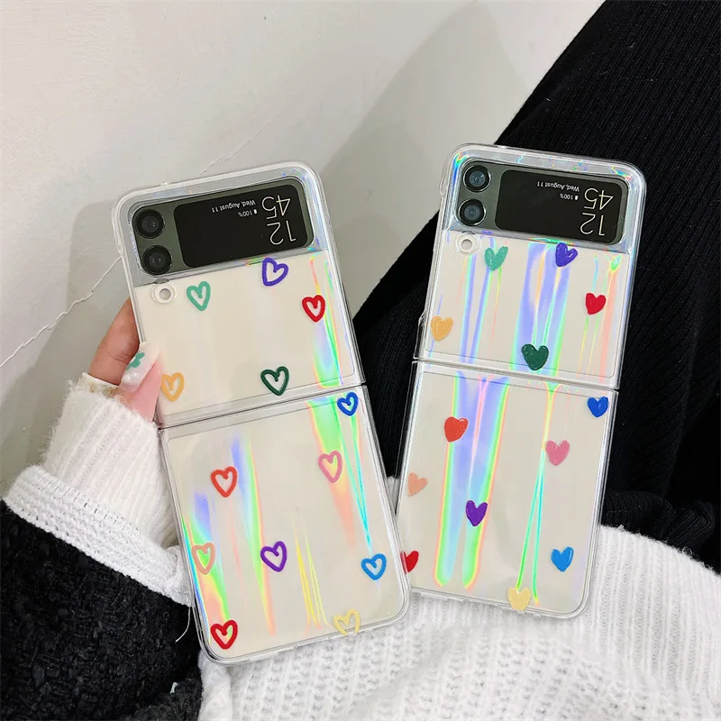 

Transparent Color Heart Folding Phone Case Phone Case for Samsung Galaxy Z Flip 3 5G PC Back Cover for ZFlip3 Protective Shell