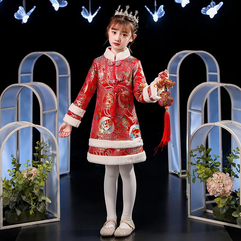 

Retro Red Girl New Year Greeting Autumn Winter Dresses Kid Chinese Style Tassel Ancient Hanfu Qipao Performance Princess Vestido