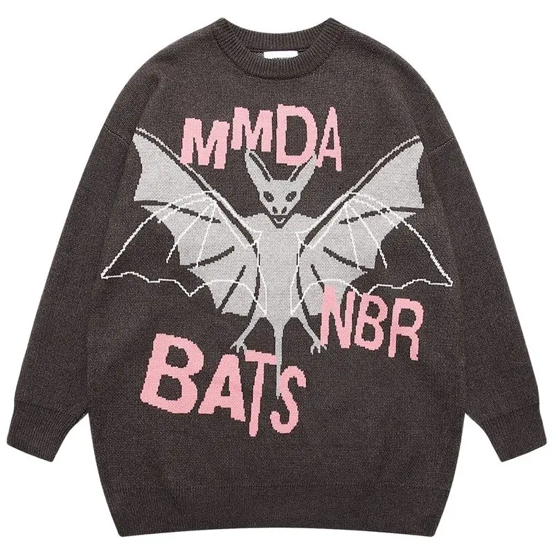 

Autumn Men Oversize Knitted Jumper Sweaters Hip Hop Bat Graphic Letter Streetwear Harajuku Fashion Casual Loose Male Pullovers