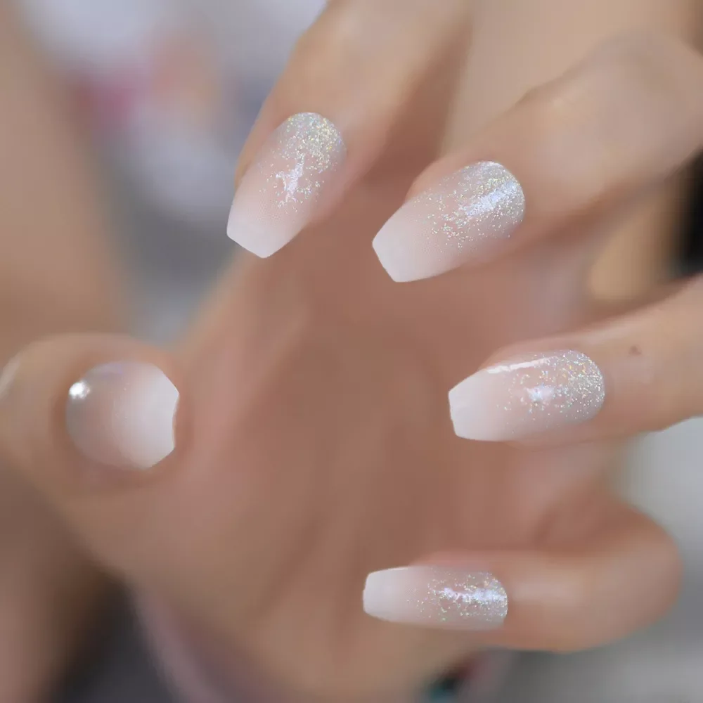 

NEW Glitter Pink Nude French Ballerina Coffin False Nails Gradient Natural Press on Fake Nails Tips Daily Office Finger Wear