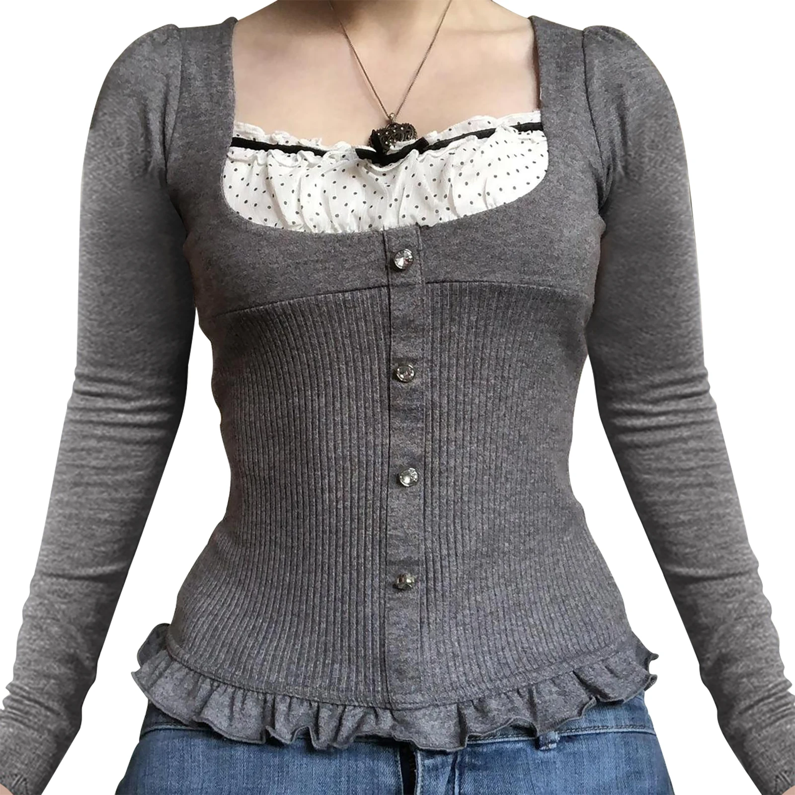 

Милые корейские Ретро хлопковые топы Y2K Fairycore с кружевами и пуговицами, Осенние шикарные повседневные рубашки с квадратным воротником