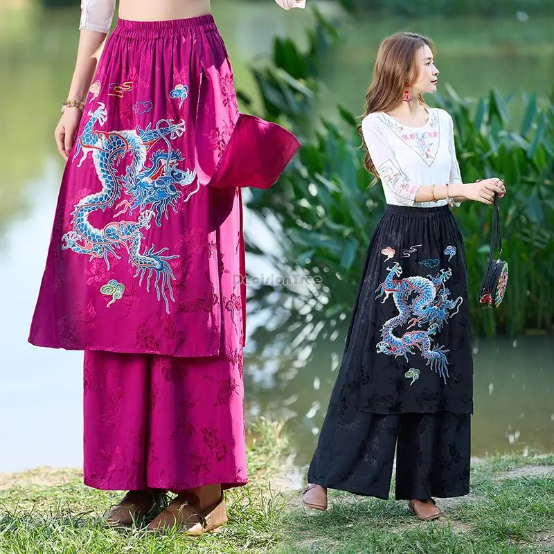 2023 chinese ethnic style embroidery vintage wide leg pants jacquard irregular design fashion retro elastic waist pants s426