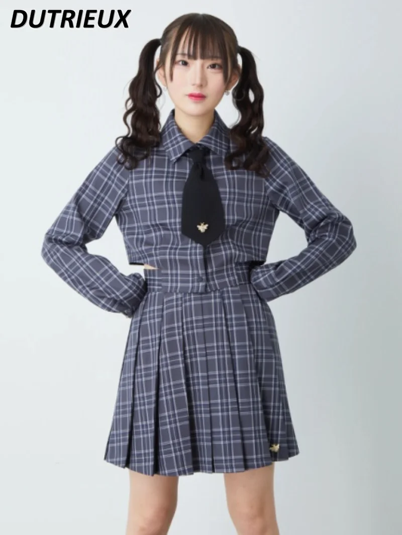 

2023 Spring New Japanese Style Slim Fit Plaid Women's Shirt Student Long Sleeve Tops + Short Skirt Pantskirt Twp Piece Set