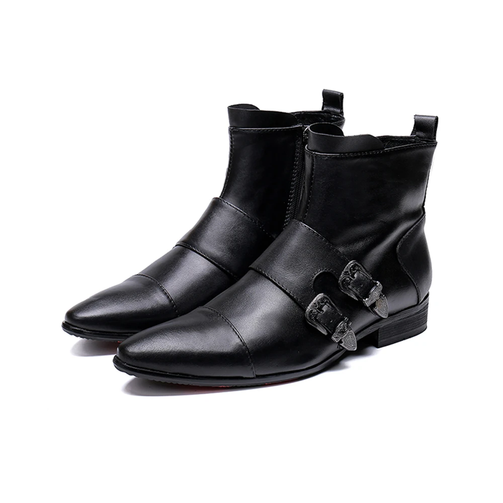 

Black Buckle Zipper Genuine Leather High Heels Pointed Toe Boots Male Plus Size Party Business British Style Men Dress Shoes