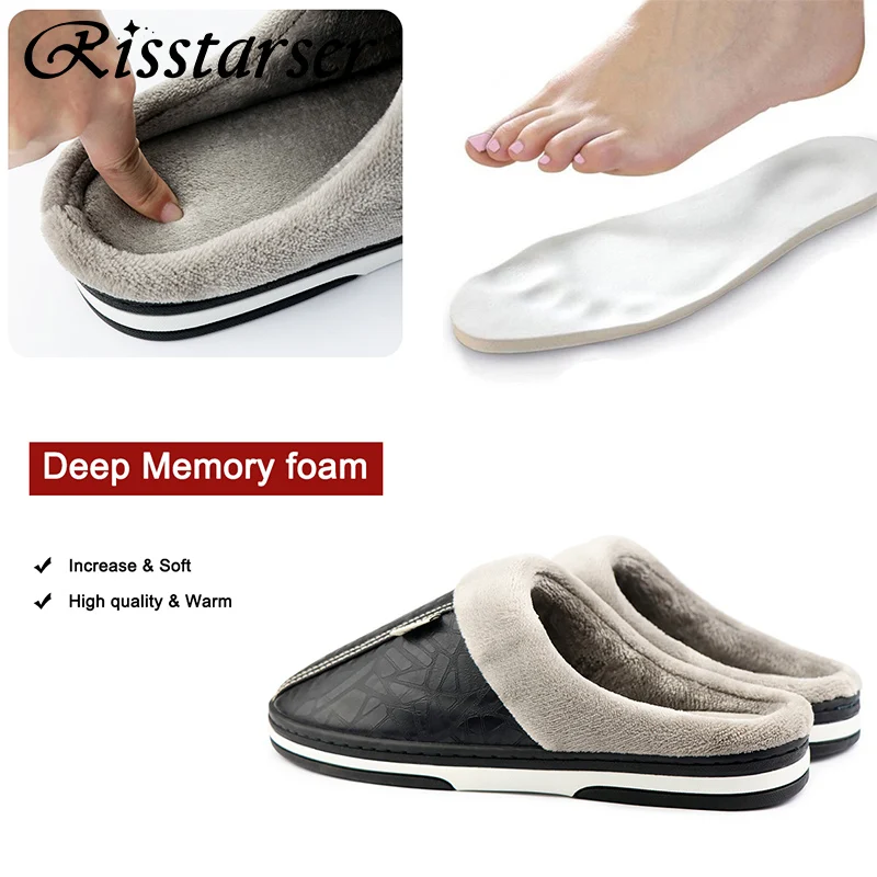 PU Leather Home Slippers For Women 2022 Waterproof Plush Soft Warm Indoor Winter Man Slippers Big Size 50 Non Slip Unisex Shoes