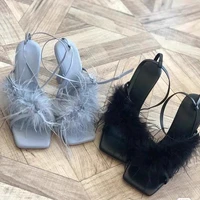 2022 new women feather high heels sexy word strap stiletto sandals open toe shoes party high heels shoes for women sandals