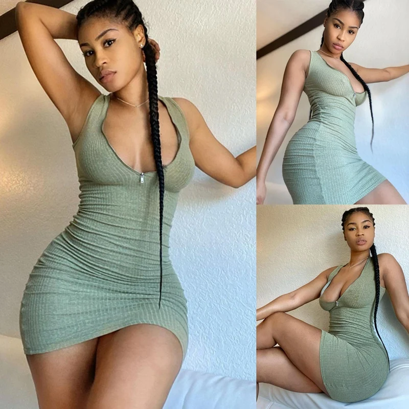 

ASDS-Women's Sexy Street Sexy V-Neck Zipper Sleeveless Dress Green