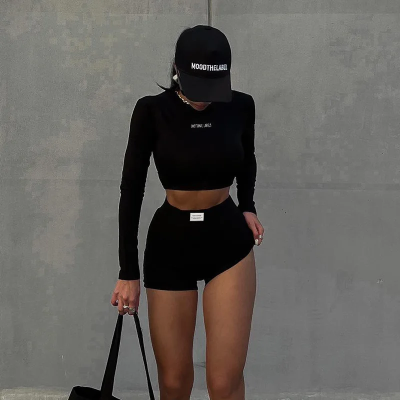 Women Streetwear Fashion Letter Embroidery Skinny Yoga Suit Long Sleeve Crop Top Short Tshirt Shorts Two Piece Set Tracksuit