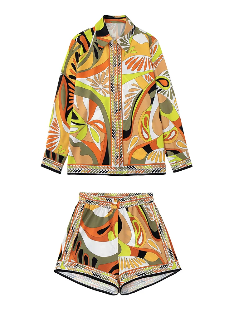 

2022 Fashion Vintage Print Shorts Sets Womens Outfits Long Sleeve Top Shirt And High Waist Shorts Two Piece Set Women Clothing