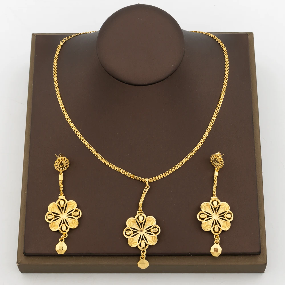 

Ethiopia Gold Plated Jewelry Set Ladies Elegant Necklace and Earrings Party Gifts African Dubai Gold Plated Necklace Accessories