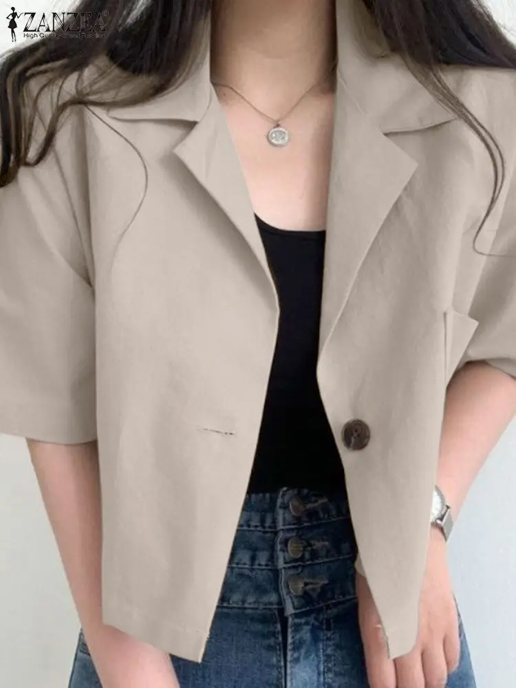 

2022 ZANZEA Fashion Solid Thin Coats Women Summer Blazer Casual Half Sleeve Outwear Female Single Button Overcoats Tunic Tops