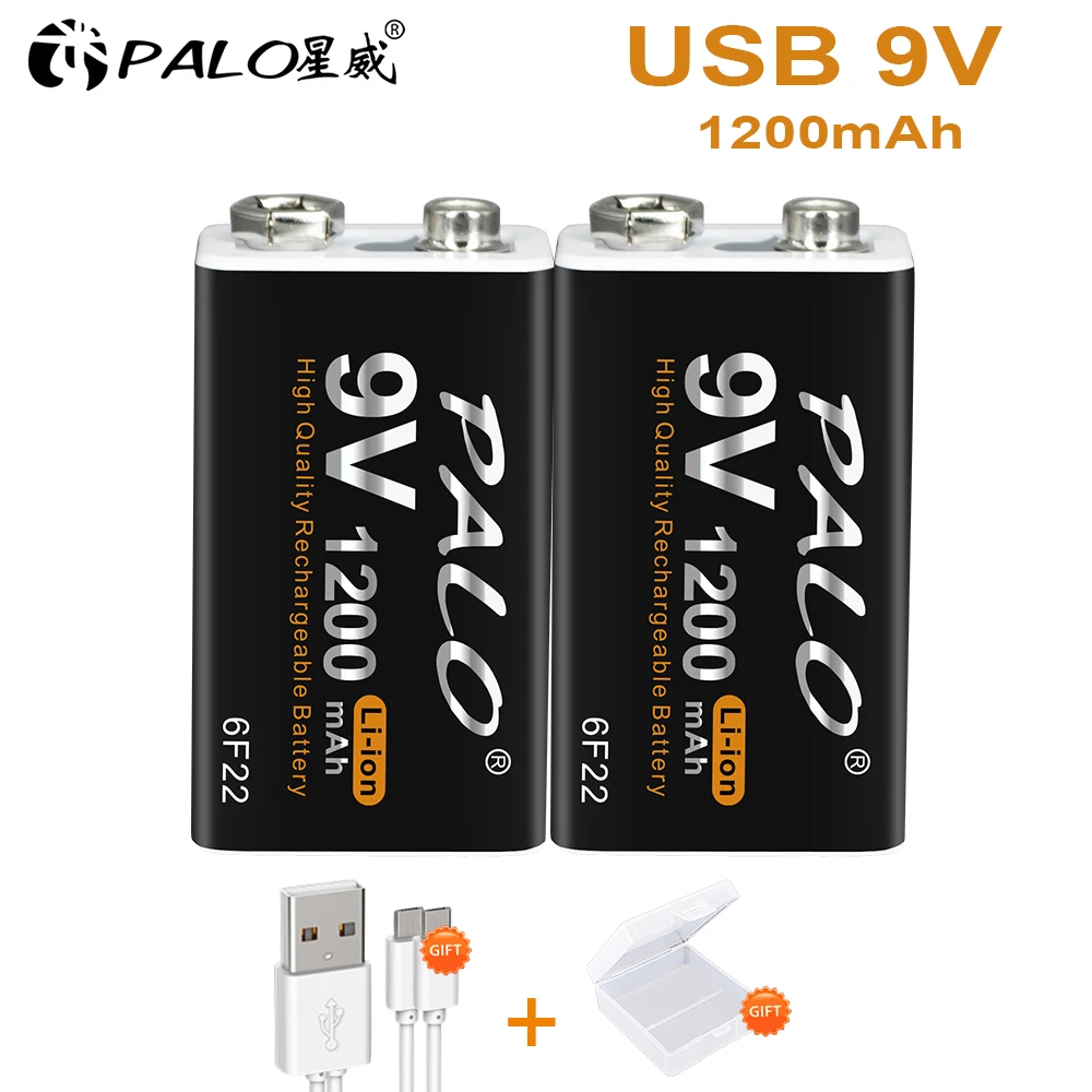 

PALO Rechargeable 9V Battery 1200mAh 9V Li-ion Crown Micro USB 9v lithium Battery for RC Helicopter Model Metal Detector
