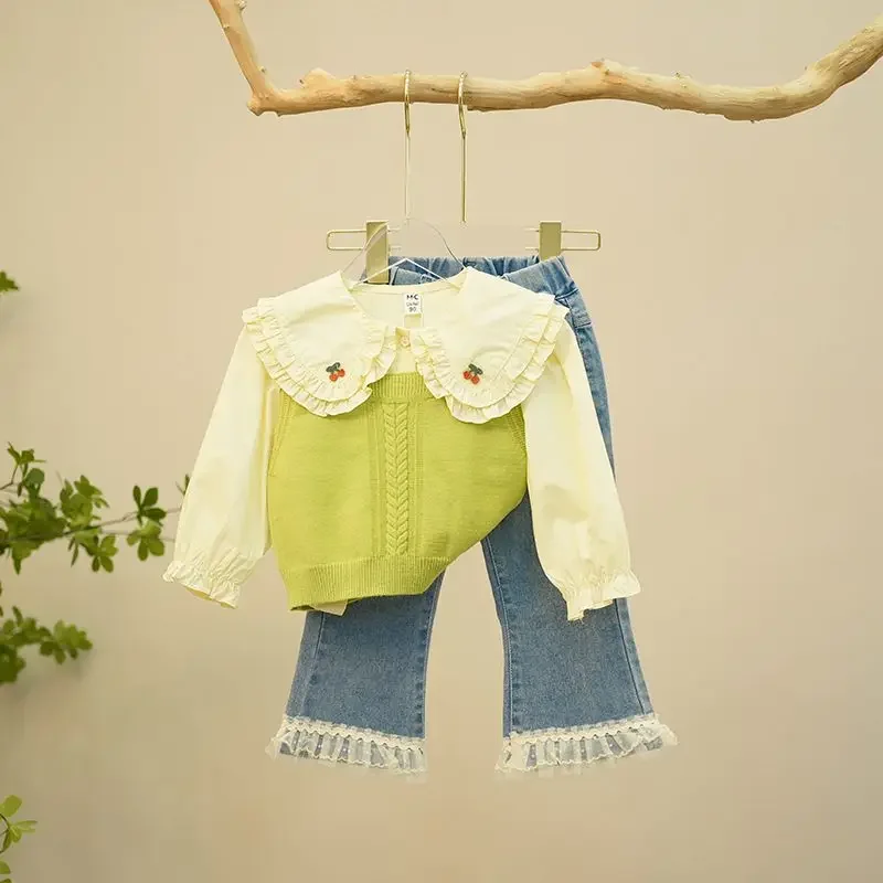Новинка 2023 вязаный жилет для маленьких девочек рубашка с куклой джинсовые брюки