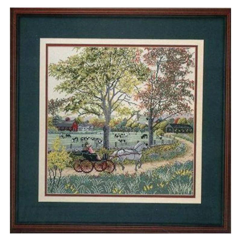 Amishop Gold Collection Beautiful Counted Cross Stitch Kit Country Ride Horse Carriage Coach Wagon In Countryside Travel Trip