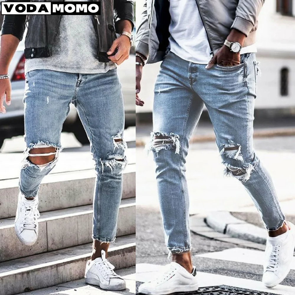 

Men's Skinny Ripped Jeans Fashion Grid Beggar Patches Slim Fit Stretch Casual Denim Pencil Pants Painting Jogging Trousers Men