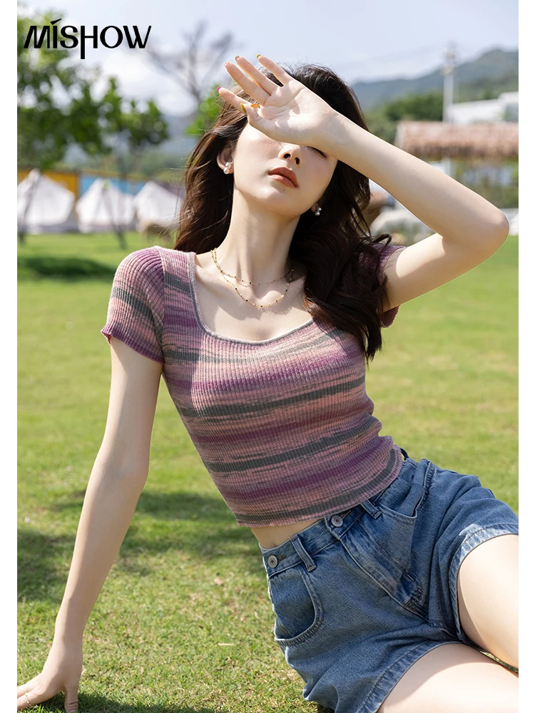 

MISHOW 2022 Summer Striped Knit T-shirt for Women Skinny Square Collar Short Sleeve Tops Slim Sexy Female Clothing MXB27Z0575