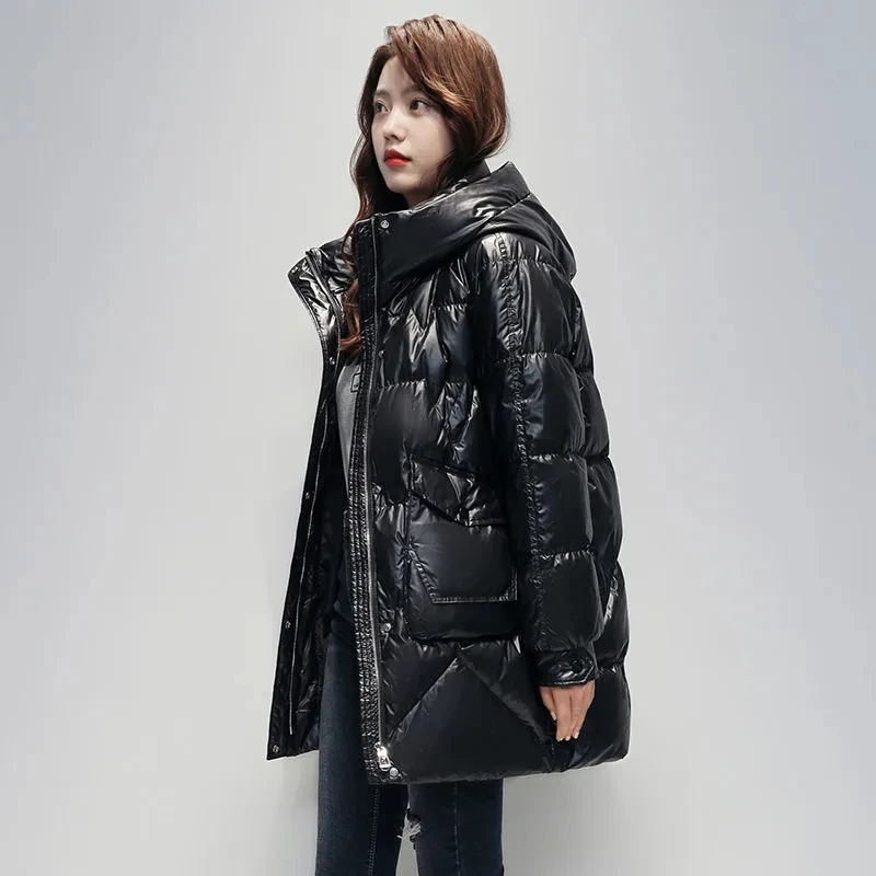 Women's Winter Warm Windproof Hooded Parkas Fashion Glossy Stand Collar Snow Coat Solid Warm Cotton Jacket Loose Zip Up Overcoat