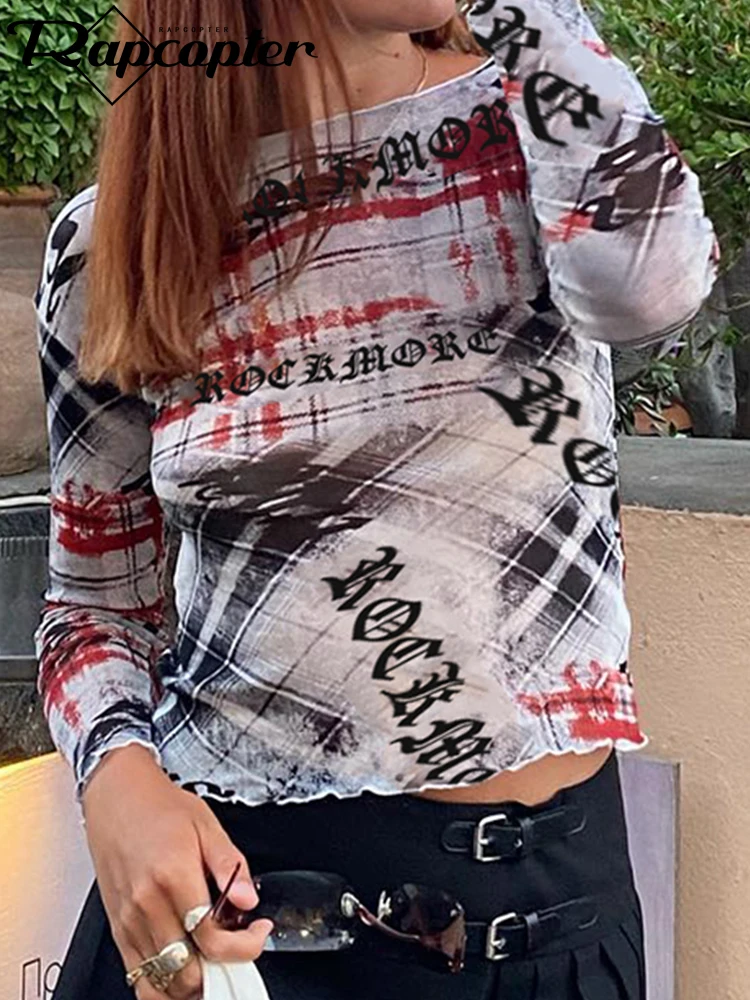 

Rapcopter Y2K Plaid Printed Knitted Crop Top Women Full Sleeve Retro Mesh T Shirts Korean O Neck Harajuku Letter Casual Tee Chic