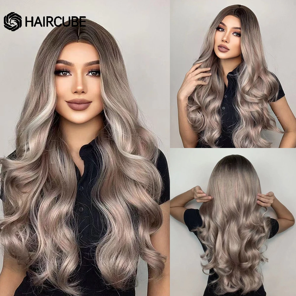 

HAIRCUBE Ombre Brown to Blonde Synthetic Wigs Long Wavy Hair Wigs for Black Women Middle Part Daily Cospaly Natural Wave Wigs