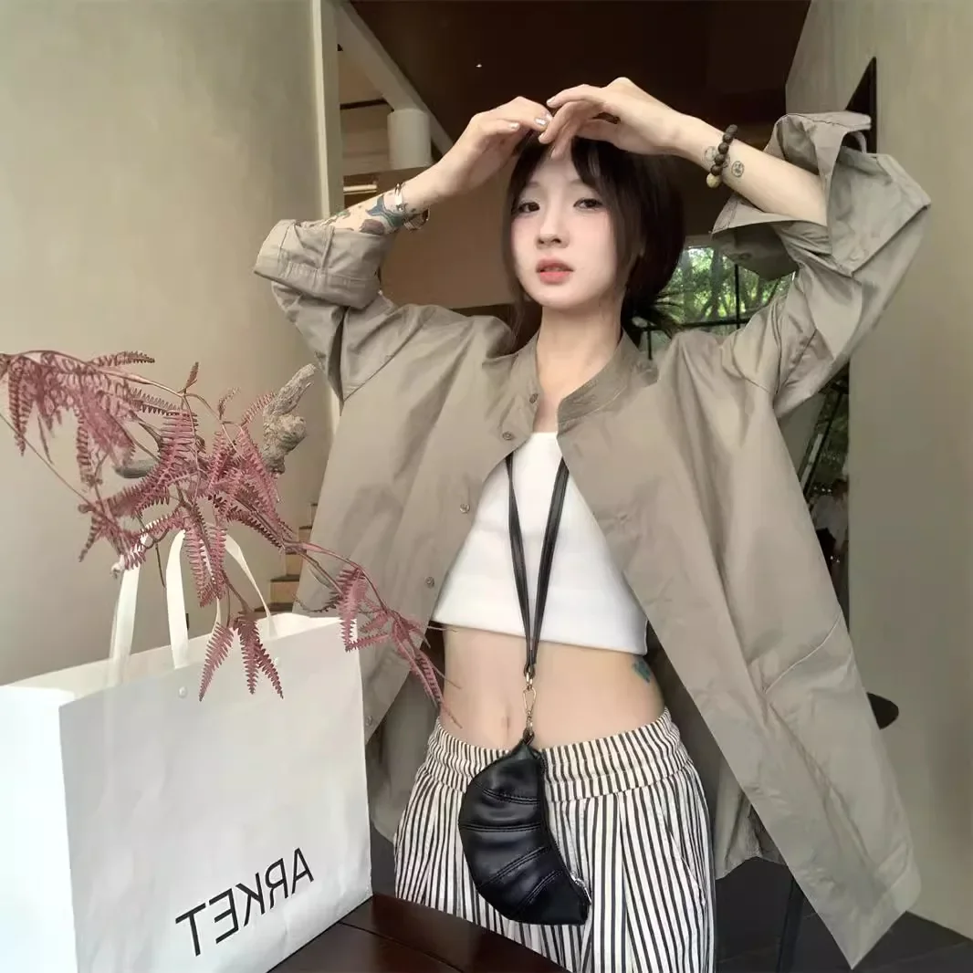 Винтажная однобортная куртка-рубашка с воротником-стойкой женский свободный топ