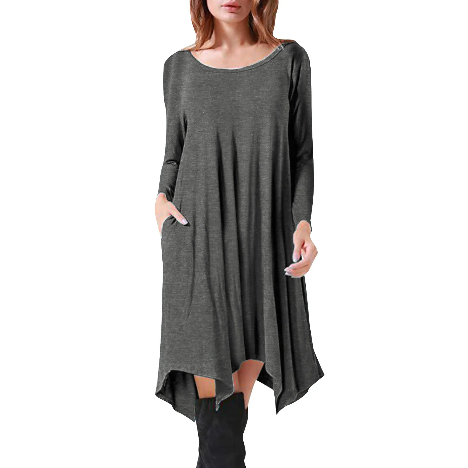 

Ladies Round Neck Long Sleeve Solid Color Dress Fashion Pocket Irregular Hem Dress 2022 Spring Autumn Women Loose Dresses