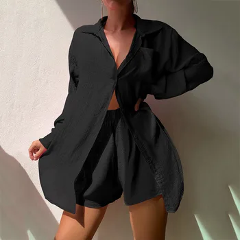 Fashion Long Sleeve Lapel Button Shirt Shorts Sets Women Casual Solid Color 2 Piece Loose Beach Swimsuit Sun Protection Suits 1